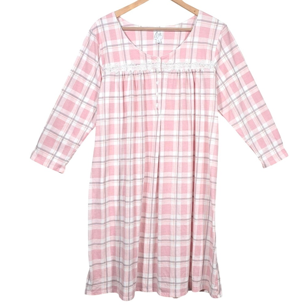 Aria Nightgown Womens Large Pink Plaid Lace Trim 3/4 Sleeve Cotton Blend